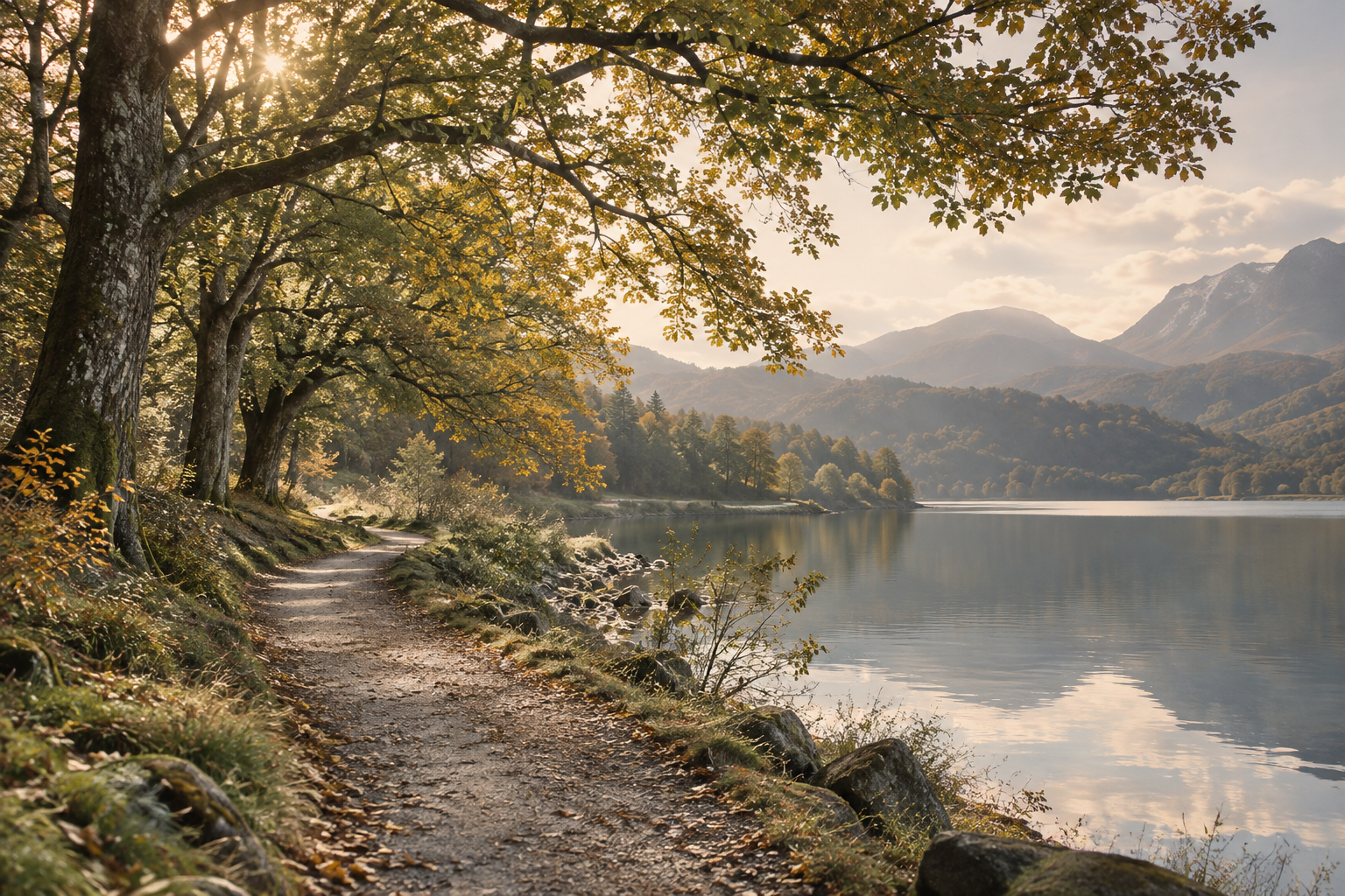 Decorative lakeside path in soft autumn light