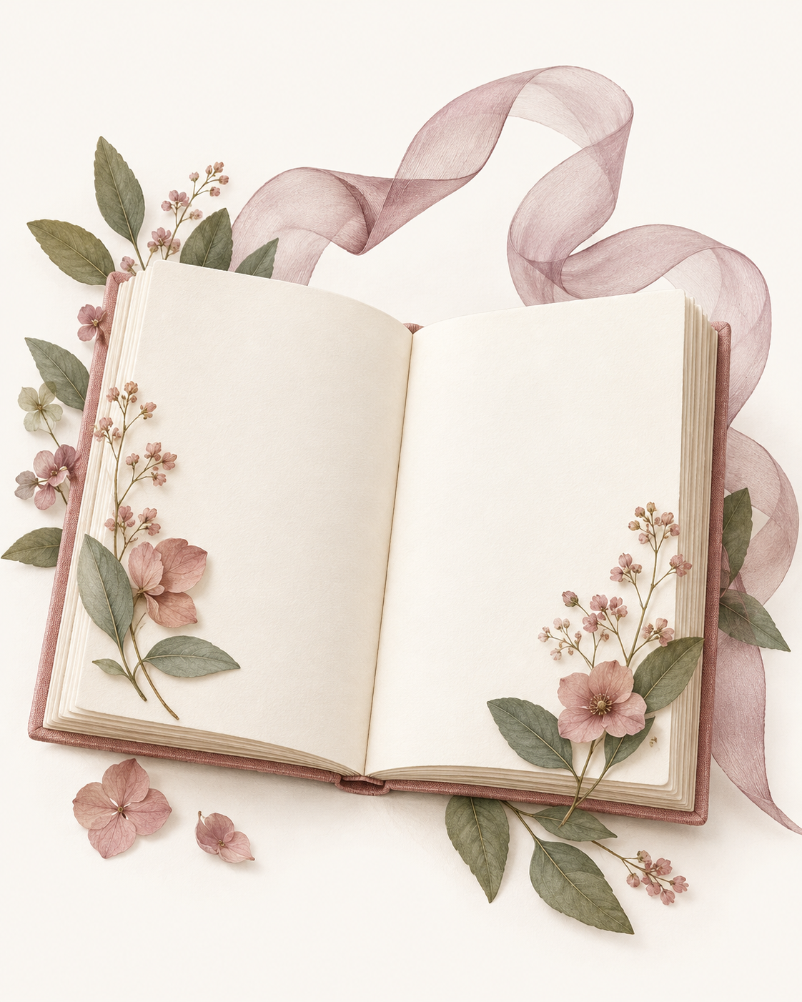 An illustrated open journal with pressed flowers and a rose ribbon